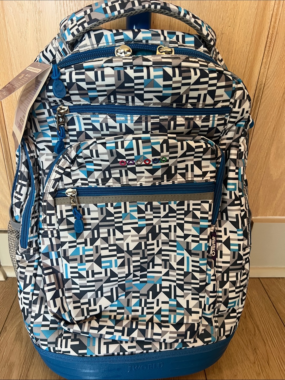 J World New York Sundance Rolling Backpack in Blue Geometric Print, NWT